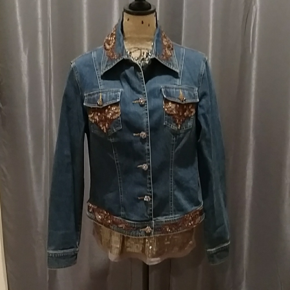 Cache Embellished Denim Jean Jacket Size L
